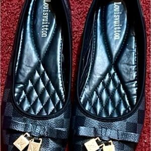 Louis Vuitton Black Checkered Flats with Gold Details